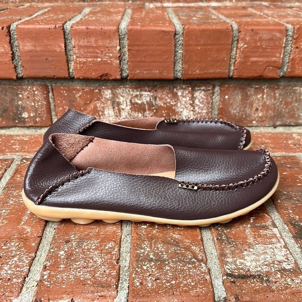 Women's Coffee Brown Leather Square Toe Loafers Slip-On Comfort Shoes Size 40.5